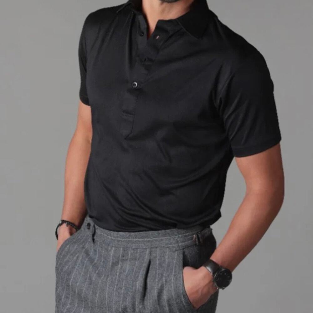 Collars & Co Semi Spread Collar Polo Shirt Short Sleeve Men's 2XL Black Preppy